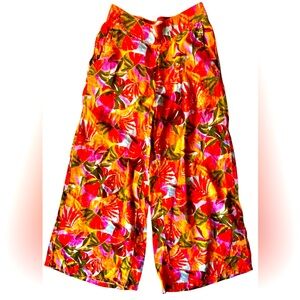 C&C California Linen Floral Tropical Pants Pink Orange Green Womens Size Small
